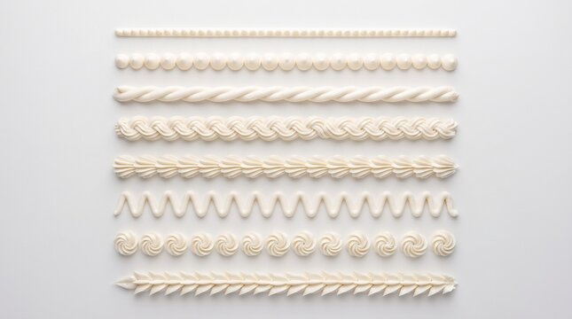 White frosting borders set, decorative cream piping collection, sweet cake icing swirls and whipped cream textures isolated PNG with Transparent Background