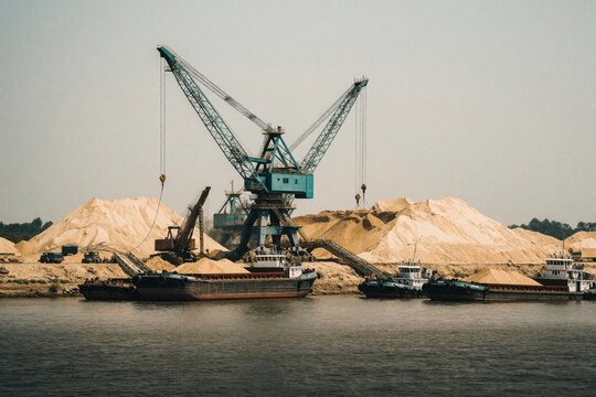 Heavy machinery performs sand mining near river bank. Large blue cranes load gravel onto cargo barges. Industrial equipment excavates sand piles for construction material. Water transport vessels