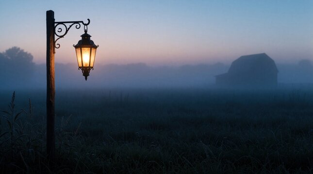 Old fashioned lantern hangs on wooden pole in misty field at dawn. Glowing lamp light illuminates fog during early morning sunrise. Rural landscape with barn silhouette in background. Calm serene