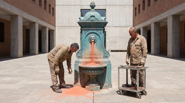 Municipal crew inspects a coral sand fountain in a civic plaza