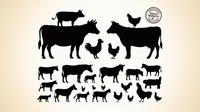 Black and white line drawing collection of various farm animals including cow horse pig sheep goat rooster for educational or children's activity use