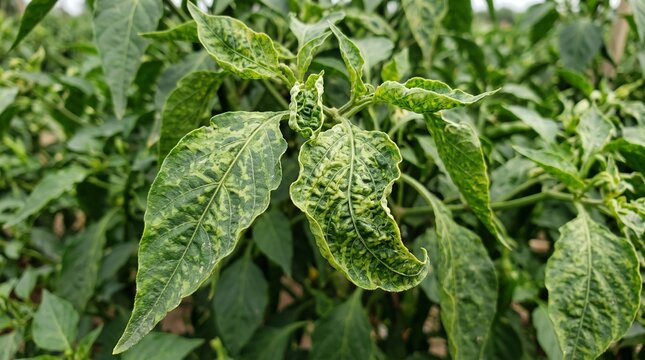 Close-up of Pepper Plant Leaves with Yellow Mosaic Patterns Indicating Viral Infection in a Garden