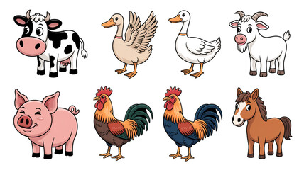 Naklejka premium Colorful cartoon farm animals set including cow pig sheep rooster horse donkey in playful vector illustration with animal characters, cute animals