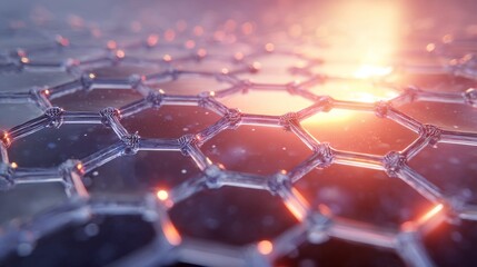 Fototapeta premium Close-up view of a transparent, crystalline, honeycomb-structured material. Bright light shines through the interconnected hexagonal cells