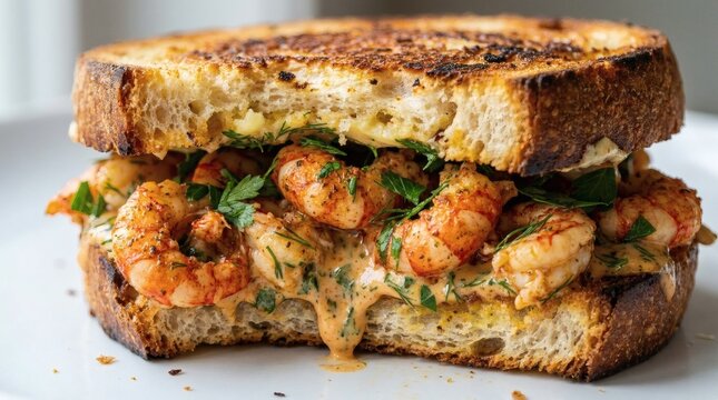 Close-up of a gourmet grilled shrimp sandwich filled with seasoned prawns, creamy sauce, toasted bread, and fresh herbs.
