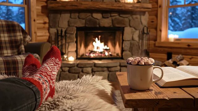 Cozy winter atmosphere inside wooden cabin with burning fireplace and hot chocolate