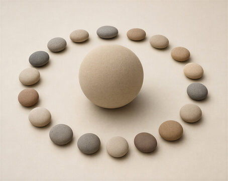 Minimalist still life with a large textured sphere centered in a circle of smooth stones. Zen balance and harmony concept. Abstract geometric composition on a beige background