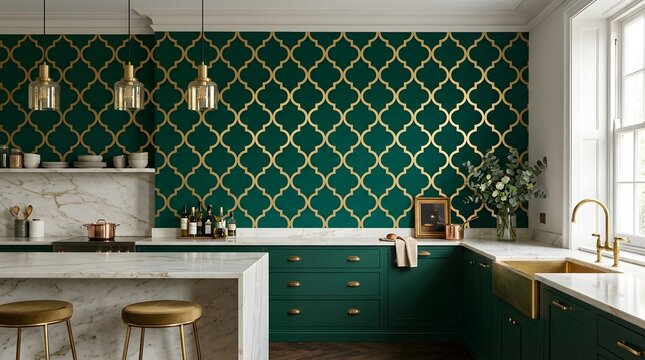 Elegant emerald green kitchen with gold geometric quatrefoil wallpaper and marble accents for a luxurious home interior.