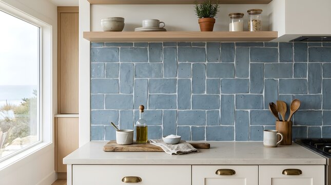 Kitchen backsplash with rustic dusty blue handmade tiles and wooden shelf for bright coastal home kitchen styling.