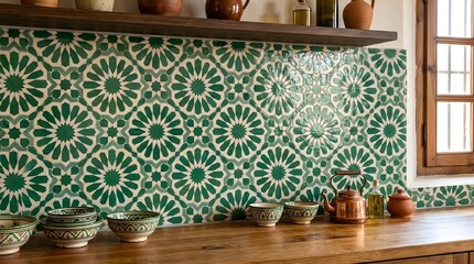 Obraz premium Traditional green zellige tile backsplash in mediterranean kitchen adds vibrant geometric patterns to home decor.