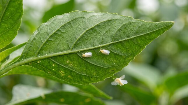 Whitefly pests on the underside of a green chili pepper leaf