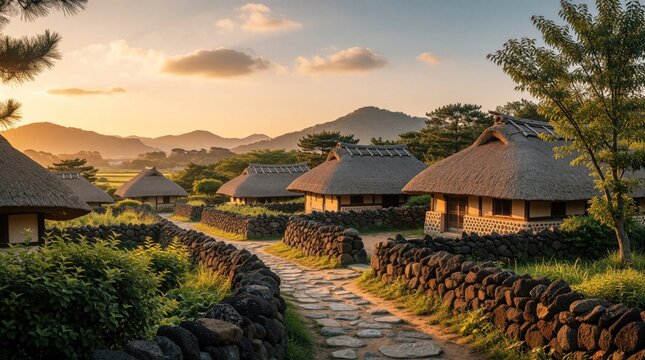 Traditional Jeju Choga Jip houses with thatched roofs stand behind volcanic stone walls. Rural Korean village scene at golden hour with mountains in background. Peaceful landscape shows old