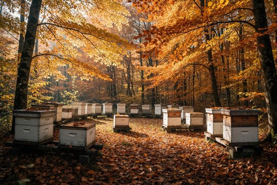 Beehives sit in a forest setting during autumn with vibrant orange and yellow leaves covering the ground. An apiary is prepared for winter with stacks of wooden boxes for the bee colony.