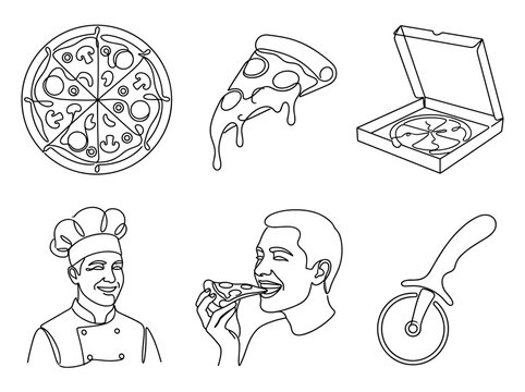 Pizza and Italian food icons, continuous line art set, minimalist chef, pizza slice, and box