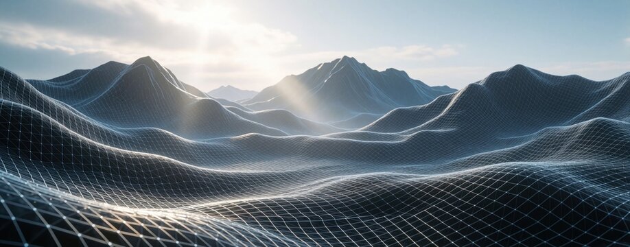 Wireframe mountains illuminated by soft sunbeams create abstract digital terrain. Futuristic geometric landscape with grid patterns evokes sense of data and technology.