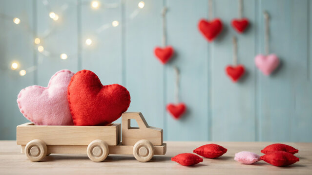 Cute wooden toy truck carrying heartshaped plush items with hanging heart decorations in cozy setting