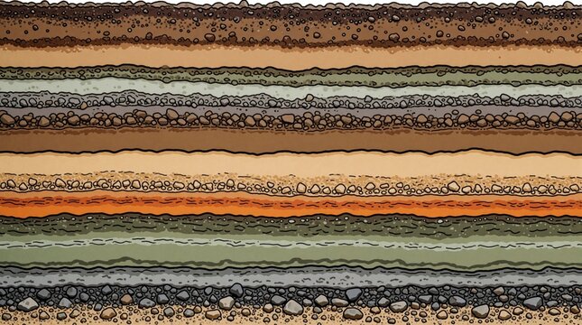 Cross section of earth soil layers showing strata, sediment, and rock formations. Natural ground strata with different dirt levels, textures, and colors for science education.