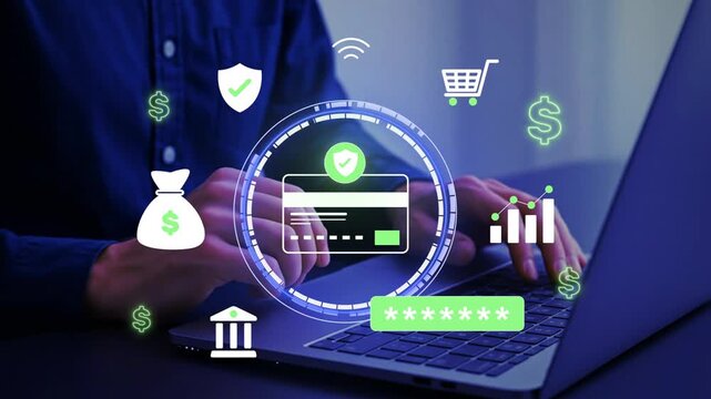 Secure online payment concept showing a businessman authenticating a digital credit card transaction, highlighting fintech innovation, financial security, encryption, and global ecommerce trends