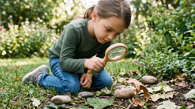 Child using a magnifying glass to observe leaves, stones and small insects in a backyard, science discovery and outdoor learning, Children's Day