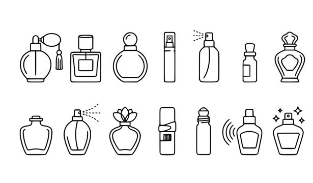 Perfume and fragrance bottle linear outline icon set with spray symbols vector illustration