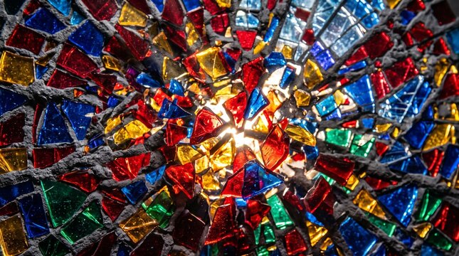 Vibrant colorful stained glass fragments in a dynamic explosion over an intricate mosaic pattern base.
