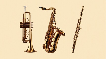 Naklejka premium Golden trumpet saxophone and flute arranged on cream background. Trio of brass and wind musical instruments for jazz orchestra band or classical performance needs.