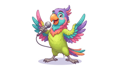 Fototapeta premium Singing Parrot with Microphone Colorful Cartoon Illustration On PNG Background, parrot, bird, singing, microphone, cartoon, music, musical, performer, singer, concert, 