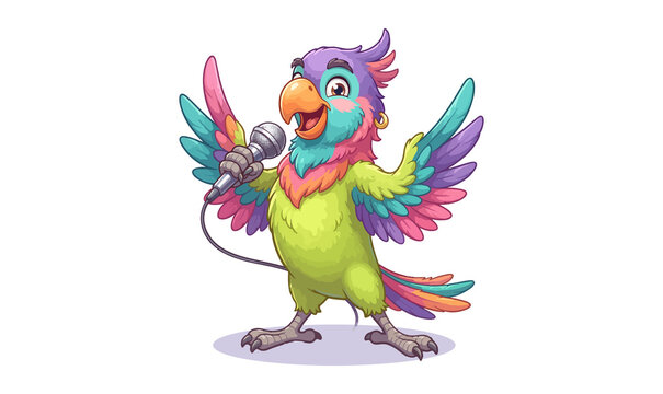 Singing Parrot with Microphone Colorful Cartoon Illustration On PNG Background, parrot, bird, singing, microphone, cartoon, music, musical, performer, singer, concert, 