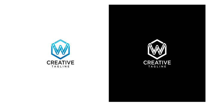 Modern geometric hexagon letter W logo design with tech circuit lines for digital corporate branding identity