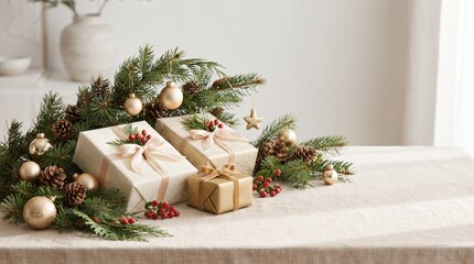 Festive holiday gift boxes decorated with pine branches and ornaments in a beautiful professional image illustration set © Sharmin