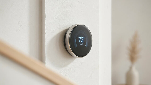Modern smart thermostat mounted on light colored wall displaying current indoor temperature and heat mode