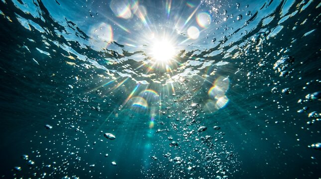 Bright sunlight rays penetrating deep blue ocean water.