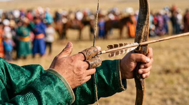 Close detail of a Naadam archer's hands at arrow release