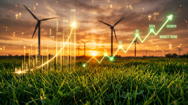Renewable energy investment and market growth chart with wind turbines at sunset
