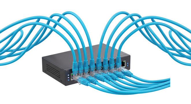 Compact black network switch with multiple blue Ethernet cables looping through ports, isolated PNG on transparent background for networking, data transfer, enterprise connectivity and internet