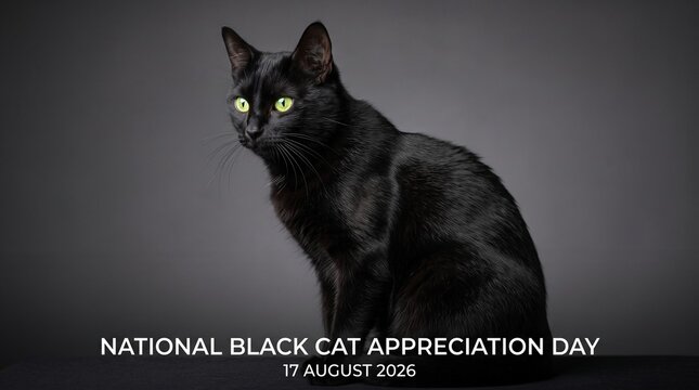 National Black Cat Appreciation Day banner, sleek black cat with green eyes on dark background, August 17 holiday greeting card