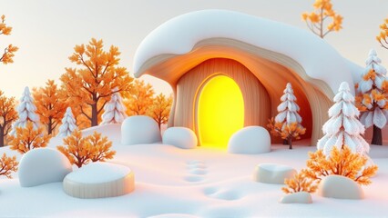 Fototapeta premium Cozy snow scene. Small house glows warmly amidst winter trees, soft light illuminating snowy landscape. Peaceful, inviting atmosphere.