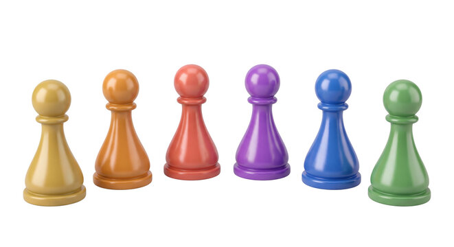 Six colorful chess pawn pieces arranged in a row in yellow, orange, red, purple, blue and green, isolated PNG on transparent background for strategy, competition, teamwork and decision making