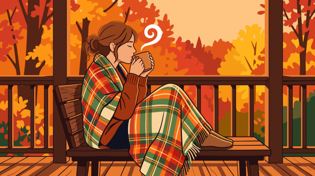 Cozy Autumn Scene Woman Wrapped in Blanket Drinking Hot Beverage on Porch Autumn fall atmosphere. autumn vibe.