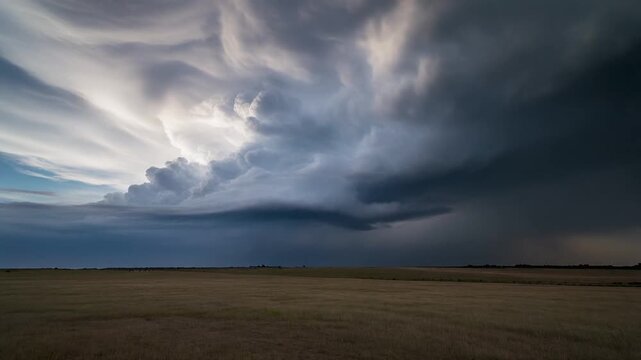 Ominous dark storm clouds loom over a flat, empty plain with a dramatic sky.