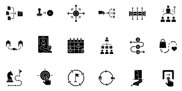 Business management icon set in solid glyph style. Vector symbols for logistics, workflow process, organizational hierarchy, team schedule, strategic planning, target goal, and tracking.
