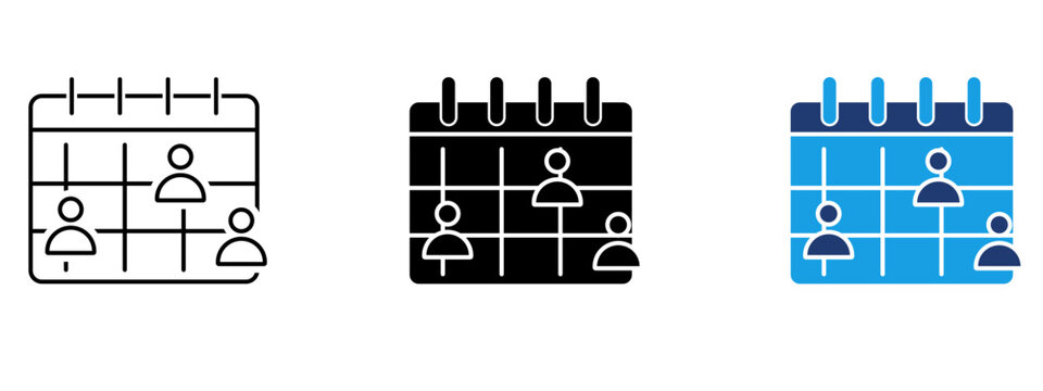 Calendar schedule icon with user avatars in outline, solid, and duotone style. Symbol of team planning, event booking, meeting schedule, appointment management, timeline, and HR roster.
