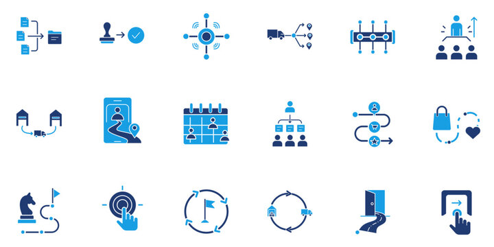 Business management icon set in duotone filled style. Vector symbols for logistics, workflow process, organizational hierarchy, team schedule, strategic planning, target goal, and tracking.