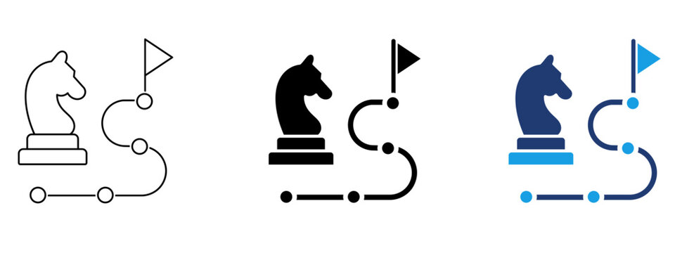 Business strategy roadmap icon with chess knight piece and goal flag in line, solid, and duotone style. Symbol of strategic planning, tactical path, target goal, milestone, and leadership.