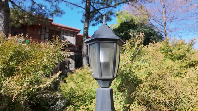 Classic ornate lamp post stands surrounded by green garden bushes with wooden house in background.