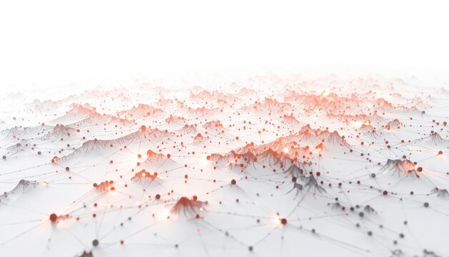 Complex network of glowing red data nodes connected across a 3D topographic white landscape with connectivity abstract technology visualization information landscape communication infrastructur