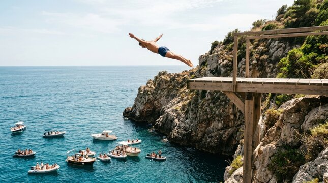 Man dives from a wooden platform into the blue sea beside rocky coast