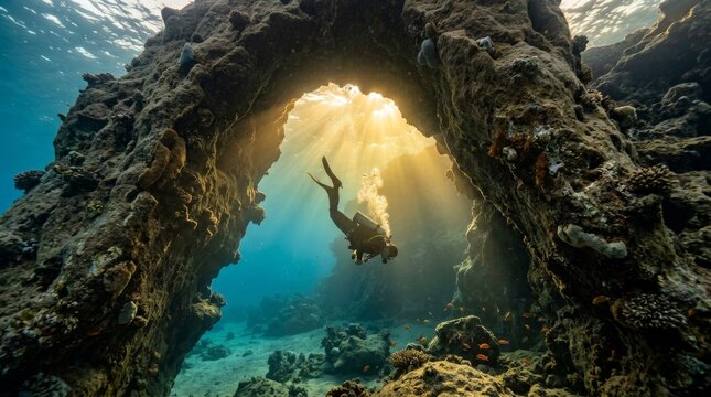 A diver swims through a sunlit underwater cave between rocky arches.