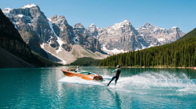 A wakeboarder is pulled by a boat on a turquoise lake as mountains rise.