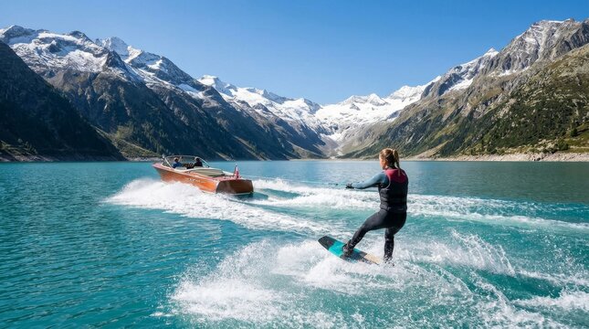 A wakeboarder glides across a turquoise lake under snow capped mountains.
